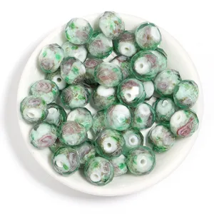 Faceted millefiori glass beads with gold foil floral design for DIY jewelry making 10pcs