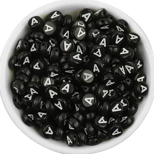 Black acrylic flat round letter beads with white alphabet for DIY jewelry making bracelets.