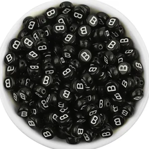 Black acrylic flat round letter B beads for DIY bracelet jewelry making and crafting accessories.