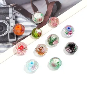 Colorful faceted millefiori glass beads for DIY jewelry making, beautiful gold sand floral beads.