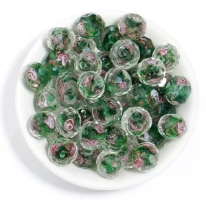 Faceted glass beads green floral gold foil abacus beads DIY handmade jewelry making supplies.