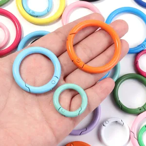 Colorful metal spring O-rings keychain clips, zinc alloy ring hooks displayed in hand.