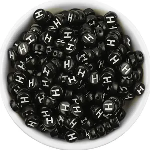 Black acrylic letter beads flat round single letter H for DIY bracelet jewelry making details.