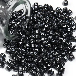 Acrylic square letter beads black background white alphabet large hole DIY loose beads detail