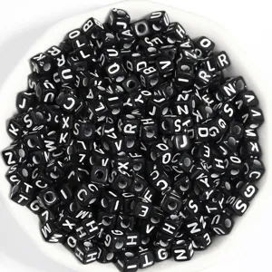 Black acrylic square letter beads bulk with 26 alphabet charms for DIY jewelry crafts.