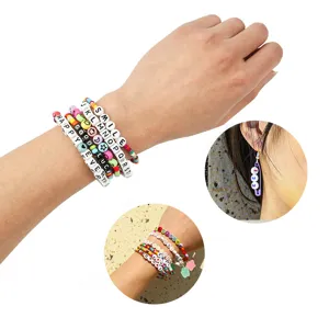 Colorful acrylic letter bead bracelets and number safety pin earrings DIY jewelry set.