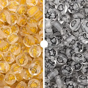 Acrylic flat round printed beads featuring cute star moon and heart patterns for DIY crafts.