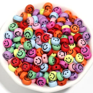 Colorful acrylic flat round smiley face beads, mixed cartoon expression loose beads for DIY jewelry.