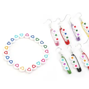 Acrylic colorful heart beads bracelet and star safety pin earrings jewelry set fashion DIY
