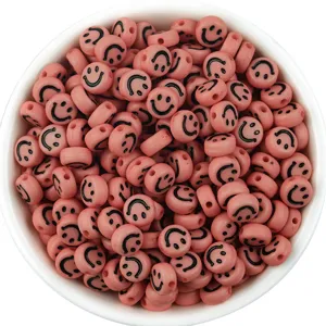 100pcs acrylic flat round smiley face beads pink cartoon loose beads for DIY jewelry making