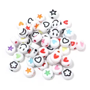 Colorful acrylic flat round pattern beads for DIY kids bracelets and jewelry making crafts.