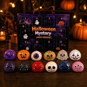 Detailed view of Halloween squishy blind box toys, cute pumpkin and ghost advent calendar items.