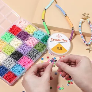 DIY 24-grid colored clay beads set for handmade necklaces and bracelets detail view showing tools