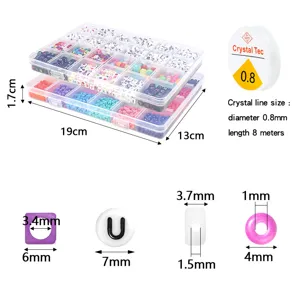 Kit de boîte de rangement de perles de lettres colorées DIY 24 grilles avec dimensions.