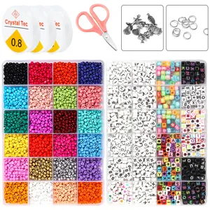 Kit de perles 24 grilles DIY Perles de rocailles colorées avec fil ciseaux pendentifs