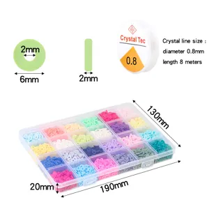 Detailed size chart showing 24-grid clay beads dimensions, bead diameter, and 0.8mm crystal cord.