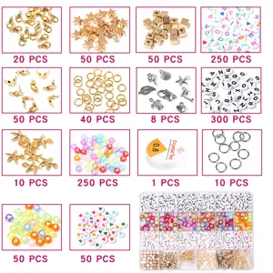 Detailed view of DIY multi-style letter bead jewelry making kit components and storage box.
