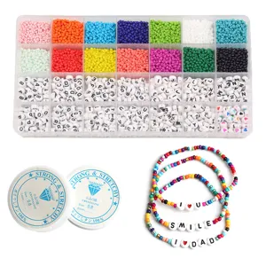 Kit de Fabrication de Bracelet DIY Perles de Lettres Colorées 24 Grilles avec Fil Élastique