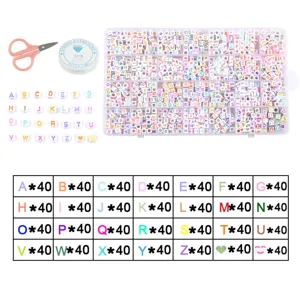 DIY letter bead kit with 24 grid storage box, colorful alphabet beads, elastic cord and scissors.
