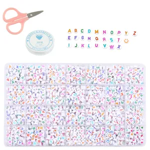 24-grid acrylic letter beads kit for DIY jewelry making with elastic string and scissors.