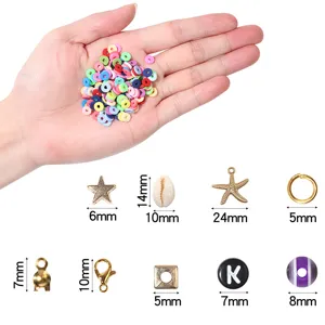 Polymer clay beads and charm set with various metal pendants and letter beads for DIY jewelry making.