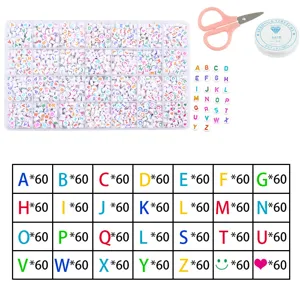 DIY 24-grid letter bead set with colorful alphabet beads, scissors, and elastic string for crafting.