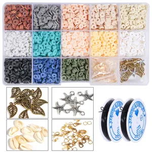 DIY polymer clay beads jewelry making kit with colorful slices, charms, shell and cord.