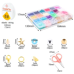 Details of 24 grids colorful polymer clay beads kit with letter charms, clasps and scissors.