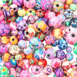 Perles en argile polymere colorees avec fleurs rondes pour la fabrication de bijoux DIY