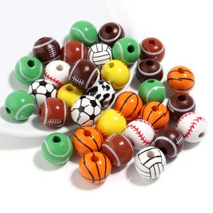 Colorful sports wooden beads with basketball, football, and tennis designs for DIY jewelry.