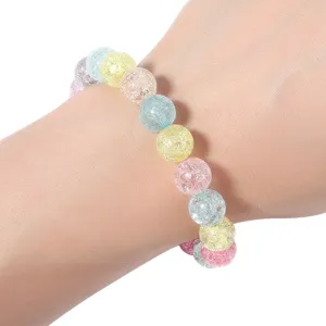 Colorful crackle crystal glass bead bracelet detail view, beautiful handmade fashion jewelry item.