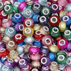 Colorful resin large hole charm beads with silver core, faceted sparkly DIY bracelet beads