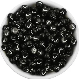 Acrylic flat round letter beads black background white letters DIY bracelet jewelry making