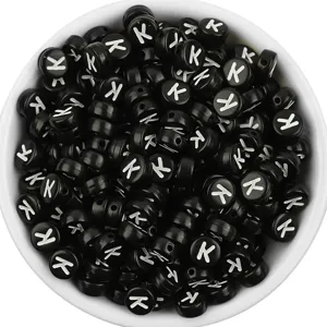 Acrylic flat round letter K beads black background white letter for DIY bracelet jewelry.