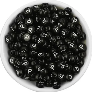 Acrylic black round alphabet beads detail, perfect for DIY bracelet jewelry making and accessories.