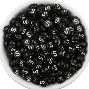 Acrylic flat round letter beads black white S initial loose beads DIY jewelry making accessories