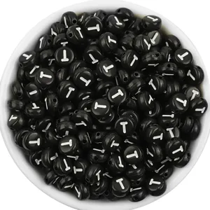 Black acrylic flat round letter beads with white letter T for DIY bracelet jewelry making accessories