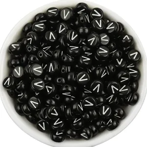 Black acrylic flat round letter V beads for DIY bracelet jewelry making accessories.