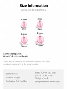 Acrylic transparent mixed color round beads size specification detail chart with clear measurements.