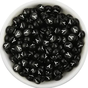 Black acrylic letter beads, round flat design with white letter Y, perfect for DIY jewelry crafting.