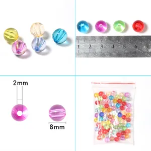 Detailed view of colorful transparent acrylic round beads with 2mm hole and 8mm size.