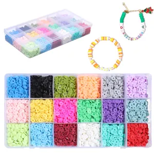 Polymer clay beads 24 grids box colorful flat round heishi beads with letter charms for DIY crafts.