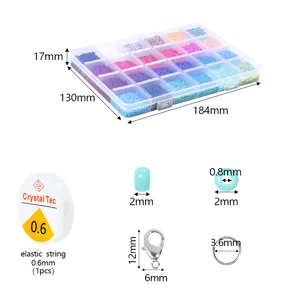 Schéma dimensionnel détaillé de la boîte de rangement de perles à 24 grilles avec accessoires.
