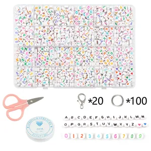 24-grid letter beads set with colorful alphabet beads, scissors, elastic cord and tools.