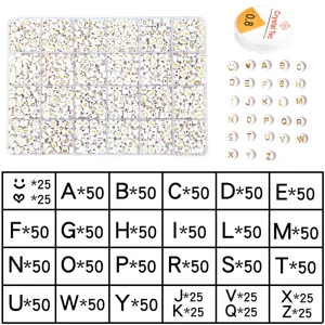 Details of 24-grid acrylic letter beads kit with storage box, elastic cord and chart.