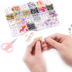 24-grid colorful letter bead DIY craft set with storage box, elastic string and scissors.