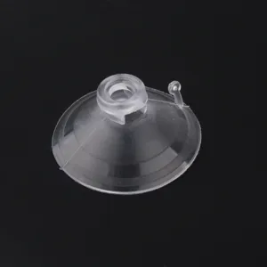 Transparent plastic suction cup hook with double perforated mushroom head for glass tiles.