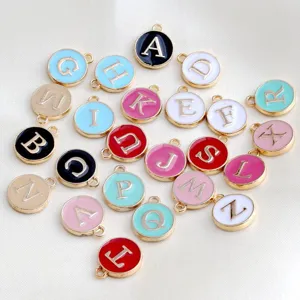 DIY Jewelry Alloy Enamel Round Double Sided English Letter Pendant Charm For Necklace Bracelet Jewelry Making Material Hand Made Accessory