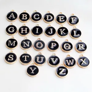 DIY alloy letter charms, black enamel round pendant beads for necklace bracelet making.