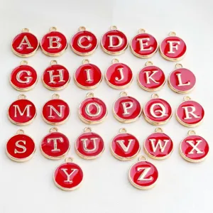 Round red enamel alphabet charms pendant details for DIY handmade bracelet necklace jewelry.